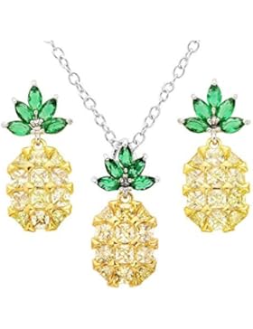 JOVIVI Modeschmuck Set,Ananas Förmig Zirkon Anhänger Halskette + Ohrringe Schmuck-Set für Frauen Mädchen Rosa-Grün...