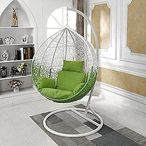 Humming B Single Seater |Swing Chair with Stand & Cushion & Hook Outdoor Indoor| Outdoor| Living Room | Balcony | Garden | Patio | Home Improvement (Stand-Brown, Basket_White|Green, Cushion-Green)