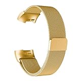 Luckhome Uhrenarmband Serie Lederarmband Ersatband Mit Edelstahl Metall Schließe Classic Armband Ersatz Band ，Milanese Edelstahlarmband mit Armband für Fitbit Charge 3（Gold）