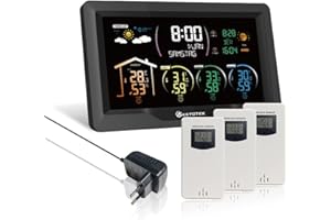 KETOTEK Station Meteo Interieur Exterieur Sans Fil avec 3 Capteurs 7,5" VA LCD Affichage Thermomètre, Hygromètre, Baromètre, Prévisions Météorologiques, Réveil, Lever et coucher du soleil