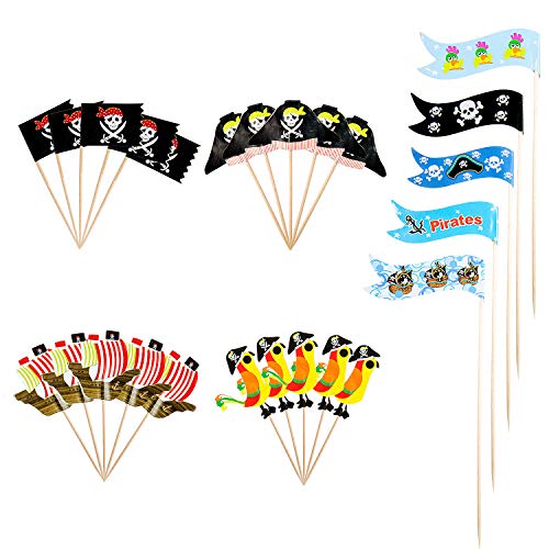 Vordas 85pcs Bandiera Pirata Cupcake Toppers Stuzzicadenti in Legno Cake Toppers Picks per Pirata Tema Birthday Party Supplies