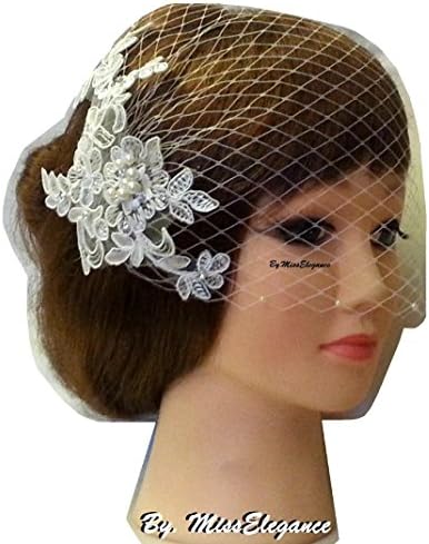 Birdcage veil Wedding Bridal hairpiece White Ivory Vintage inspired bridal accessory Busher veil w lace fascinator,crystal Rhinestone,pearl
