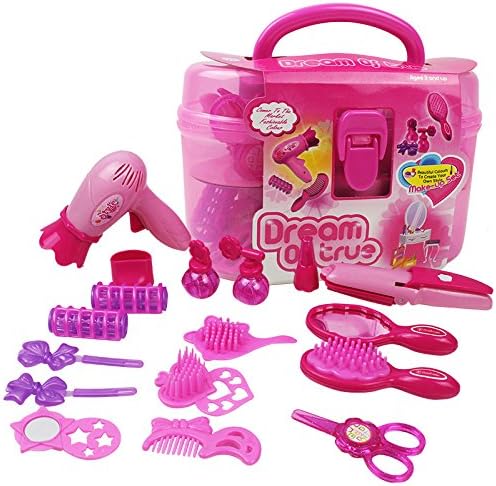 KAGADS 18Pcs Girls Pretend Play Beauty Makeup Hairdryer Kit DIY Plastic Play Set Toy with Storage Box