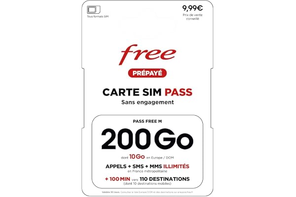 Carte SIM Free Pass M : Forfait 200 Go 5G Ultra-Data + Appels/SMS Illimités & 10 Go depuis l’Europe – Offre Mobile Sans Engagement