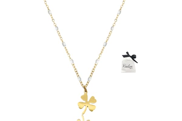 Collier Femme Pendentif Trèfle Chaîne en Acier Inoxydable Doré Or Artisanal Perles Porte Bonheur Fait Main Trèfle à 4 Feuilles Anniversaire Noel Saint Valentin (Blanc 55 à 60 cm)