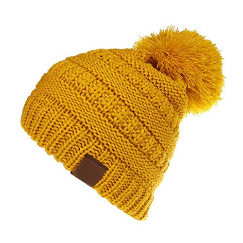 Preisvergleich Produktbild KOBWA Strickmütze für Kinder, hochwertige Wolle, warme Wintermütze, Skimütze, Kleinkinder, Hunky Bommel, große Bommel, Strickmütze für Jungen und Mädchen gelb