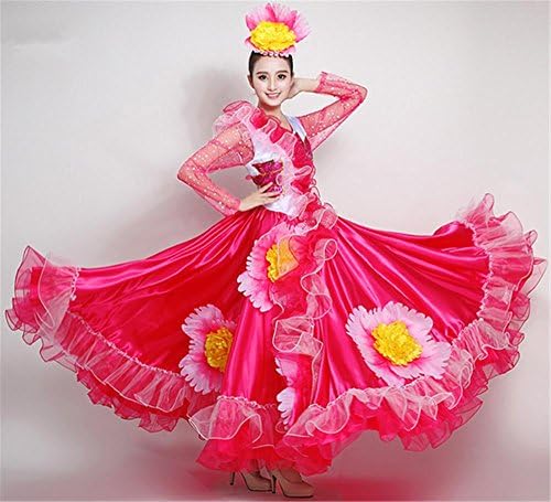 Woman's big flower/big skirt stage dance performance dress / bullfight dance / folk dance , xl , rose red 720