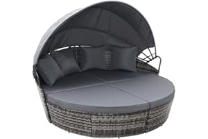 EVRE Bali 3 Piece Modular Round Rattan Wicker Patio Garden Furniture Daybed Sun Lounger Set with Extendable Canopy and Conversation Seat Cushions (Mixed Grey)