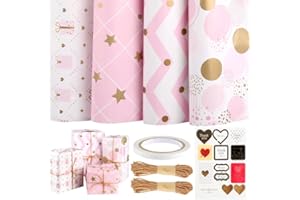 FAMCUCHE Lot de 4 Papier Cadeau, 50 x 70 cm Rose Rouleaux de Papier Cadeau Avec 2 Rouleaux de Ruban, Autocollant et Ruban Adhésif, Papier Cadeau Anniversaire pour Les Filles, Noël, la Saint-Valentin, Mariage