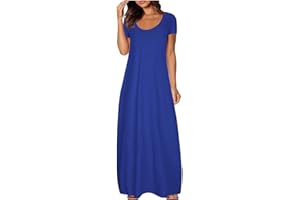 ZHSXERTWY Maxi Dresses for Women UK Short Sleeve Summer Ladies Casual Long Dress Round Neck Plain Sundress Stretchy Loose Fit Plus Size Clothing