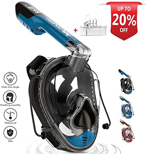 DOUPRO Snorkel Mask 180° Full Face Snorkeling Mask Diving Gear with One-Piece Gasbag Design / Soft Nose for Ear Pressure Balance /Removable Gopro Mount / Anti-fog Anti-leak ONE SIZE FOR KIDS &amp;ADULTS(Black+Blue)
