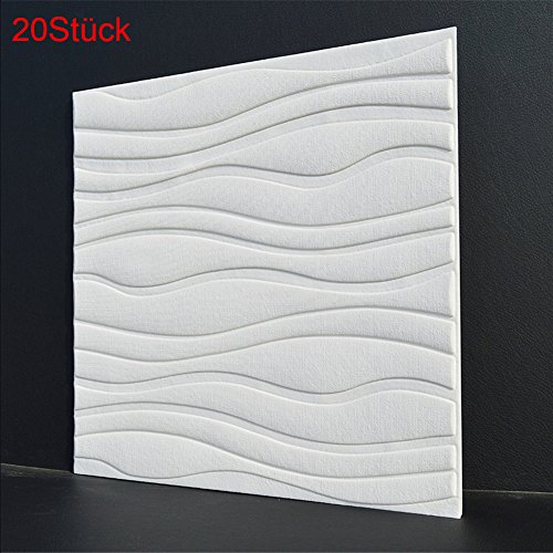 LianLe 3D Wand Tapete Welle Muster Wandaufkleber Selbstklebend Wandtattoo 60×60cm für Wohnzimmer Schlafzimmer Hotel TV Hintergrund (20 Stück, Weiß)