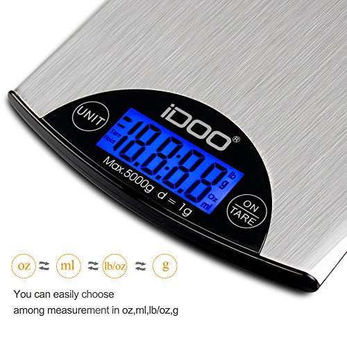 iDOO 5KG/1gramm hohe präzise Digitale Küchenwaage mit Tara-Funktion, Edelstahloberfläche, Beleuchtetes LCD-Display, Inkl. Batterie. - 3