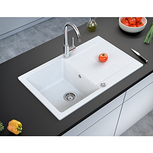 Spüle Granitspüle Küchenspüle Einbauspüle Auflage 780 x 495 mm eckig glatte Ablage Spülbecken + Drehexcenter + Siphon (Weiss (710)) - 5