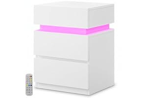 Marctani Mesillas de Noche LED Modernas - Mesita de Noche Blanca con 16 Colores de Luz, 2 Cajones + 1 Cajon Oculto - Mesa de Noche Dormitorio Estrecha con Guardamovil Mesitas de Noche