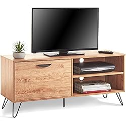 VonHaus - Meuble TV Capri - 1 Porte abattante et 2 étagères - Pieds en épingle Type « Hairpin Legs » - Imitation chêne - Mobilier de Salon au Design rétro/Vintage/scandinave