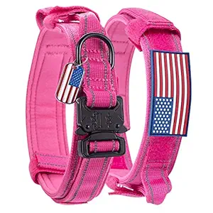 Dog Collar Tactical Highly Reflective Military Pet Collar Nylon with a American Flag Patch and a American Flag Pendant K9 Collar with Metal Buckle and Control Handle for L Pink