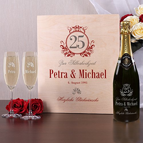 Privatglas Geschenkset zur Silbernen Hochzeit gravierter Champagner mit 2 Gläsern in Premium-Verpackung - 2