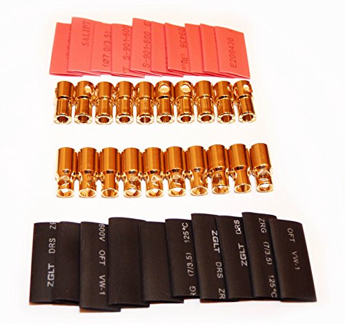 Preisvergleich Produktbild 10 Paar 6mm Goldkontaktstecker (Stecker / Buchse) inkl. Schrumpfschlauch (Schwarz / Rot)