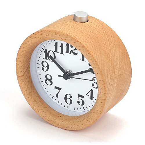Moobom handgefertigte klassische kleine runde holz stille schreibtisch wecker mit nachtlicht für zuhause schlafzimmer büro - 2
