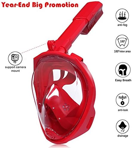 HEROUNION® 5th Foldable Anti-Fog Anti-Leak Snorkel Mask Full Face GoPro Compatible 180° Panoramic View Diving Mask Set For Kids And Adults (Red L/XL)