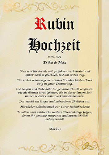 Rubinhochzeit Urkunde persönliche Geschenk Karte zum 40. Hochzeitstag Pergament div. A4 Papier Motive - 6
