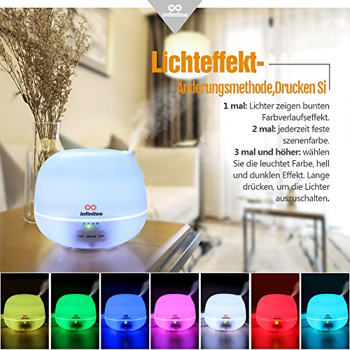 Luftbefeuchter | infinitoo 500ml Ultraschall Aroma Diffuser | Aromatherapie Diffusor | Abschaltautomatik Öl Raumbefeuchter mit 4 Zeitmodi Einstellungen und 7 LED Farbwechsel für Wohnzimmer, Kinderzimmer, Schlafzimmer,, Baby- und Yogazimmer, SPA, Büro usw. - 2