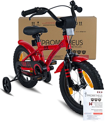 PROMETHEUS Kinderfahrrad 14 Zoll Jungen in Rot & Schwarz mit Stützrädern | Seitenzugbremse und Rücktrittbremse | ab 4 Jahren | 14″ BMX Edition 2017 - 2
