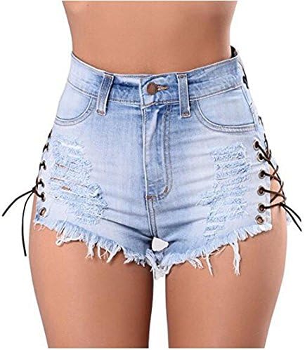 Maelu Sexy Women Summer Stretchy High Waist Lace up Ripped Distressed Denim Jean Shorts (S (UK 6))