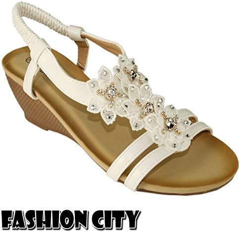 New Saxy Boho Ladies Slingback Wedge Party Sandals &amp; Beach Shoes UK Size 3-8 (UK:{8}, White)