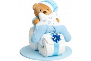 ‎HOMERY Windeltorte Junge in Blau – Motorrad mit Kuscheltier, Geschenk zur Geburt & Taufe – Handgefertigte Baby Windeltorte mit Windeln, Mullwindel & Glückwunschkarte