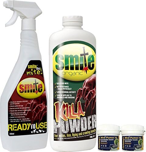 SMITE RED MITE DEGREASER DISINFECTANT SPRAY 750ML and ORGANIC POULTRY POWDER 220G WITH 2 X FUMERS FOR CHICKEN COOP HOUSE AVIARIES CAGES