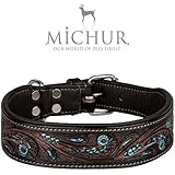 MICHUR Luis Hundehalsband, Lederhalsband, Halsband, Braun mit blauen Akzenten zwischen schön Stanzmuster, LEDER, in verschiedenen Größen erhältlich