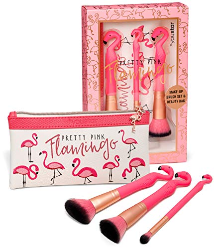 youstar - Flamingo Make-up Brush Set mit Beauty Bag-4-teiliges Make-up Brush Set mit Beauty Bag