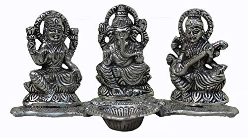 Crafticia Metal Lord Laxmi Ganesh Saraswati Idol Statue with Diya Decoration Pooja Showpiece (8X4 inch, Silver)
