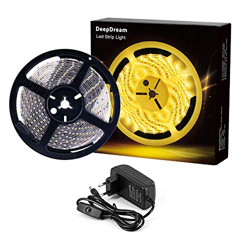 DeepDream 5M LED Strip,IP65 Wasserdicht Streifen,3000K Warmweiß LED Band, 300 LEDs Lichtband Selbstklebend 2835 Beleuchtung mit 12V Netzteil für Küche, Schrank, Bett, Balkon, Hof [Energieklasse A+]