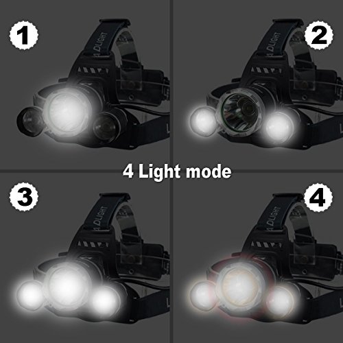 OUTERDO 5000Lumen T6 +2R5 LED Stirnlampe 4 Mode LED Kopflampe Head lamp+ 2 x 18650 Akku + AC Ladegerät Für Outdoor/Sports/Camping/Biking/Jagd/Fischerei - 4