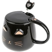 Tasse Chat Maneki Neko Kawaii 450ml - Avec Couvercle Et Cuillère, Noir Et Or