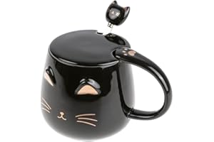 lachineuse - Tasse Chat Kawaii 450ml - Mug Chat avec Couvercle & Cuillère - Coloris Noir & Or en Céramique - Mug à Infusion Thé Café - Tasse Originale Japonaise - Idée Cadeau Japon Asie Kitty Mignon