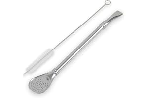 Delicatino - Bombilla para Mate de Acero Inoxidable - Diseño Cuchara 19 cm, Filtro Desmontable - Incluye Cepillo de Limpieza - Acero Natural