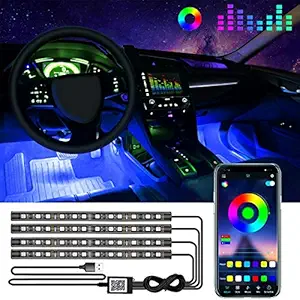 Car Led Lights Interior, 4 PCS 48 LED Waterproof Multi DIY Color Music Car LED Strip Light Under Dash Lighting Kit with Sound Active Function DC 5V- APP Controller and Smart USB Port