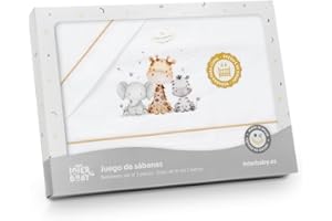 Danielstore Sabanas Bebé Algodón para Coche- Capazo- Moisés 40X80 Primavera-Verano-Otoño (Bajera+encimera+Funda Almohada) Fabricado en España (1.0.1 Jirafa Elefante beig)