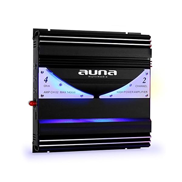 auna Auto 2-Kanal-Verstärker AMP-CH02 regelbare Auto-Endstufe mit Tiefbassfilter regelbar resonanzarm (190W RMS, 1400W max, LED-Lichteffekt) schwarz