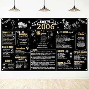 W1cwey Extra Large 43.3*70.8 Inches 2006 Backdrop 16 Year Old Birthday Party Photo Background Anniversary Banner 16th Birthday Black Gold Decor Vintage 2006 Backdrop Photography for Indoor Outdoor