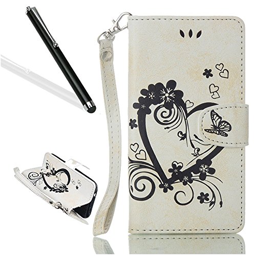 iPhone 5 Case,iPhone 5S Wallet Case,Leeook Retro Elegant Pretty Creative White Embossing Love Heart Butterfly Flower Flip PU Leather Fold Wallet Pouch Case with Strap Stand Credit Card ID Cash Holders Book Style Stand Function Magnetic Closure Case Cover for Apple iPhone 5S/SE/5 + 1x Black Stylus
