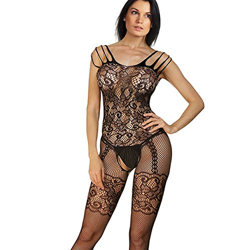 New-Ladies-Black-Flower-Fishnet-Open-Crotch-Body-Stockings-Catsuit-Bodysuit-Lingerie-Wear-One-Size-UK-8-12