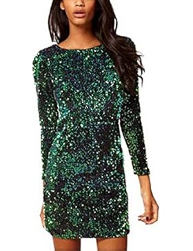 Arrowhunt Damen Mädchen Langarm Grün Pailletten Minikleid