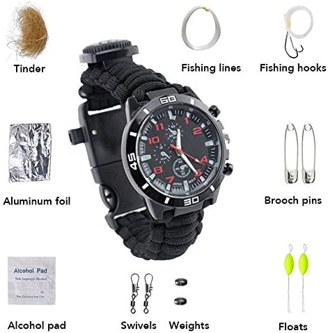 Emergency Paracord Survival Bracelet Watch, Haosen Multifunctional Camping Hiking Climbing Outdoor Survival Kit with 3M Paracord Rope, Compass, Flint, Whistle, Aluminum Foil, Fishing Lines