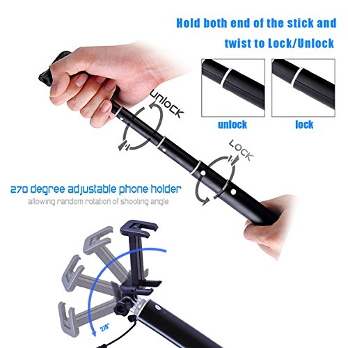 Selfie Stick,ZIZON 270 Gradi Rotazione Forma-E Selfie Stick (Nessuna Batteria Nessuna Bluetooth) Alluminio Allungabile cavo Controllo Auto Ritratto Monopiede (95CM) con Portacellulare Montecon per GoPro Hero Session Hero 4 Hero 3 +/3/2, Sony Action Cam e Smartphone,Apple iPhone 6/6 Plus/5/4, iPod,Samsung Galaxy S6/S5/S4/S3, Huawei,Note 4/3/2, LG,Sony 3,5-6 Pollici Smartphone(Nero)