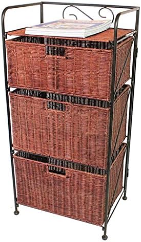 CHENGYI Brown Rattan Storage Cabinet Bedroom Creative Iron Storage Rack Pastoral Three Drawers Storage Box